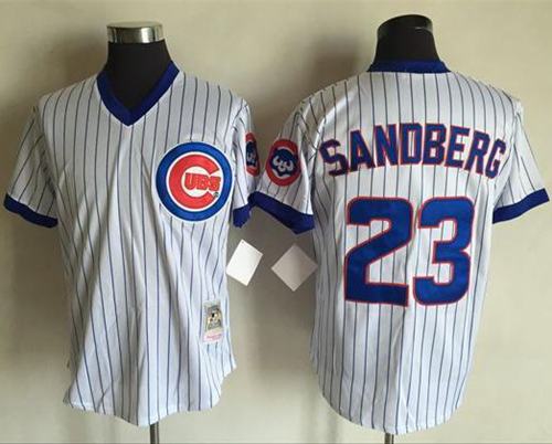 Mitchell And Ness Cubs #23 Ryne Sandberg White(Blue Strip) Throwback Stitched MLB Jersey - Click Image to Close